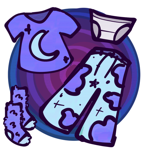  Pajamas in front of a swirling dark blue and purple circle. The pajamas are a purple shirt with a light blue graphic of a crescent moon and stars, long light blue comfy pants with a design of purple clouds and stars, a pair of purple and light blue fuzzy socks, and grey underwear - panties or briefs.